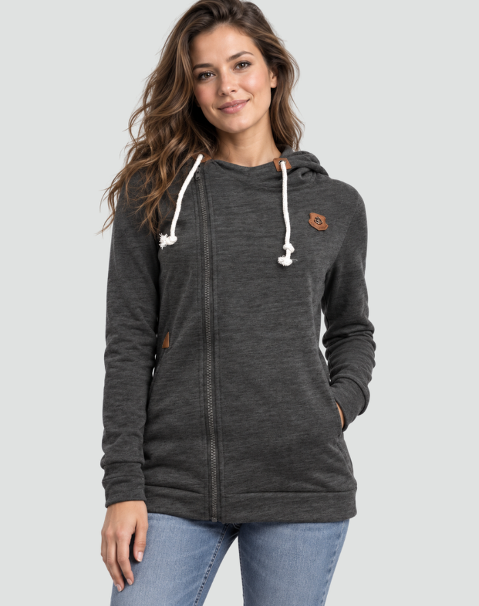 Grey Women's Hooded Vest with Asymmetric Zip & Drawstring Hood
