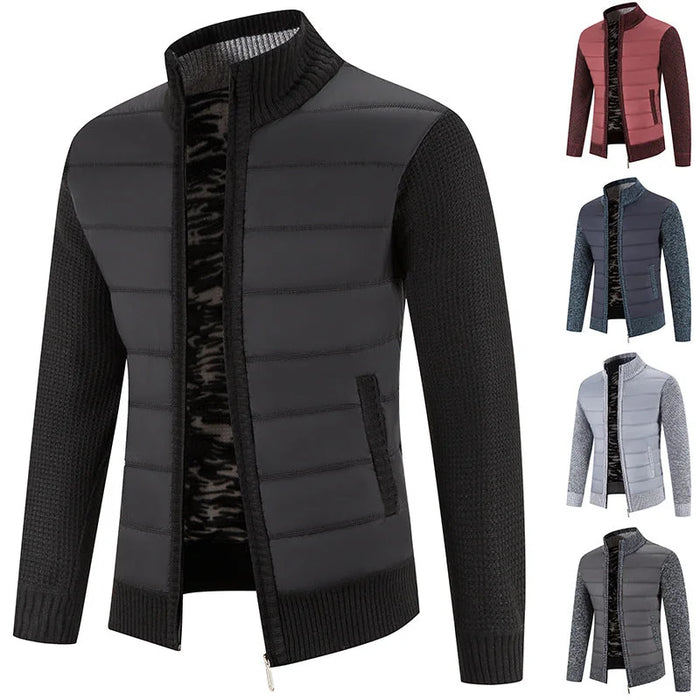 Men's Padded Jacket with Breathable Knit Sleeves & Stand Collar - Dark Grey Front Full With Swatches