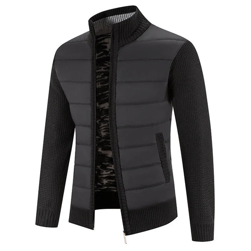 Men's Padded Jacket with Breathable Knit Sleeves & Stand Collar - Dark Grey Studio Front Full