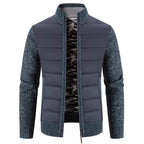 Blue Gray Men's Padded Jacket with Breathable Knit Sleeves & Stand Collar - Front Close Texture