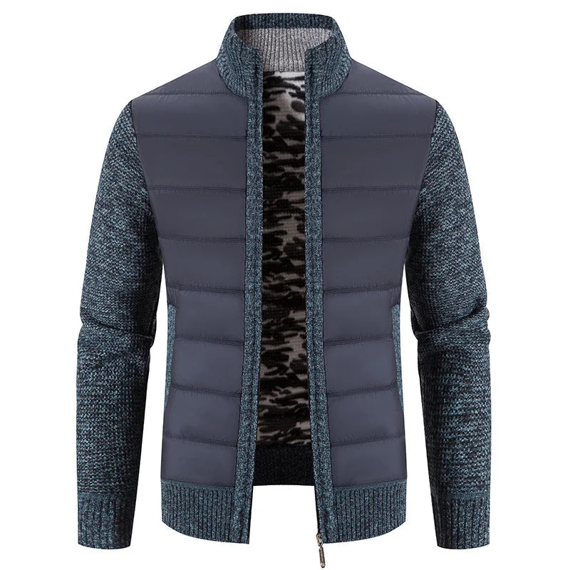Blue Gray Men's Padded Jacket with Breathable Knit Sleeves & Stand Collar - Front Close Texture