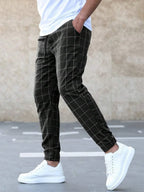 Men's Checkered Jogger Trousers with Drawstring Waist & Elastic Cuffs - Side Step