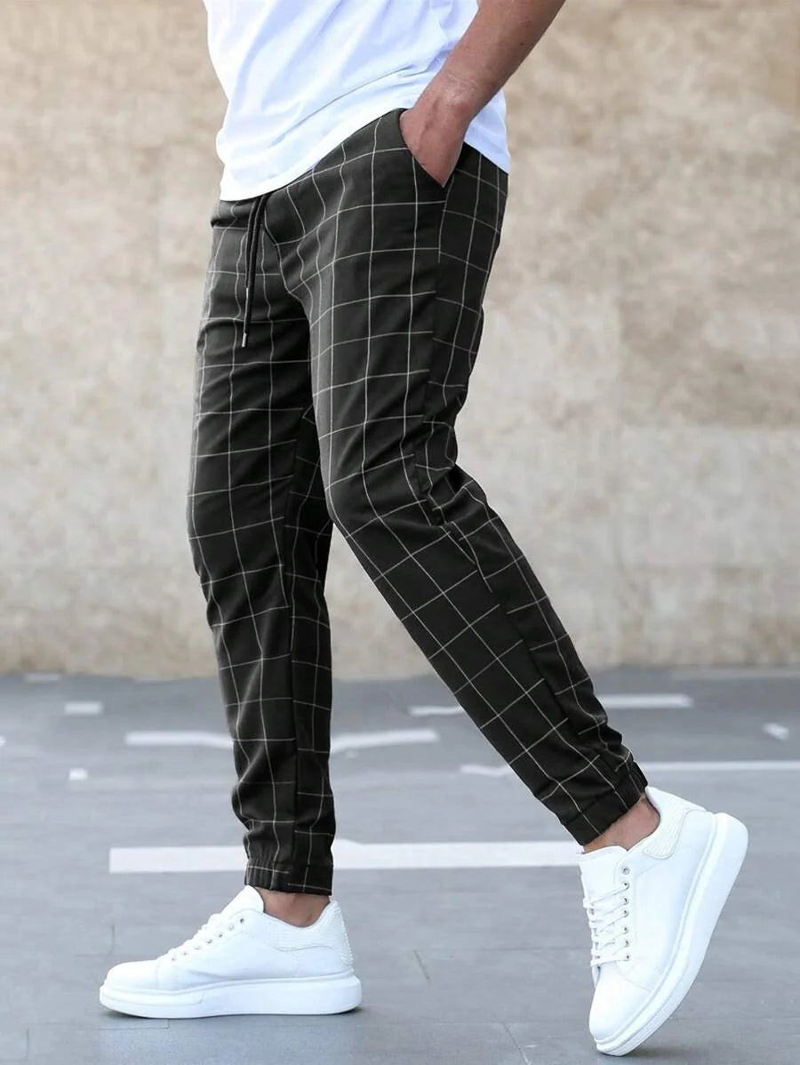 Men's Checkered Jogger Trousers with Drawstring Waist & Elastic Cuffs - Side Step
