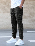 Black Men's Checkered Jogger Trousers with Drawstring Waist & Elastic Cuffs