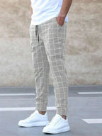 Light Grey Men's Checkered Jogger Trousers with Drawstring Waist & Elastic Cuffs — Gabriel