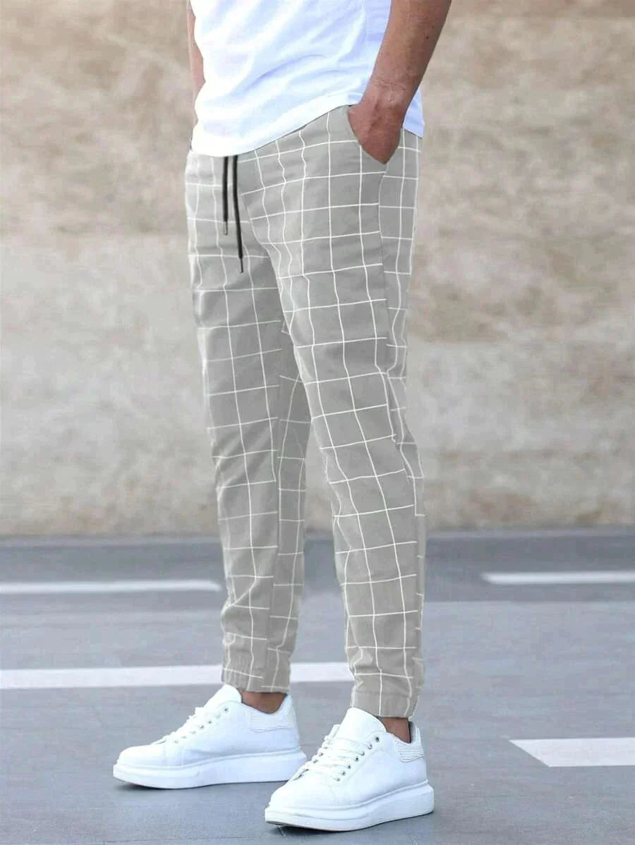 Light Grey Men's Checkered Jogger Trousers with Drawstring Waist & Elastic Cuffs — Gabriel