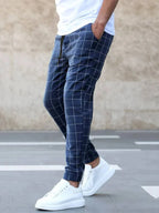 Men's Checkered Jogger Trousers with Drawstring Waist & Elastic Cuffs - Side Pose
