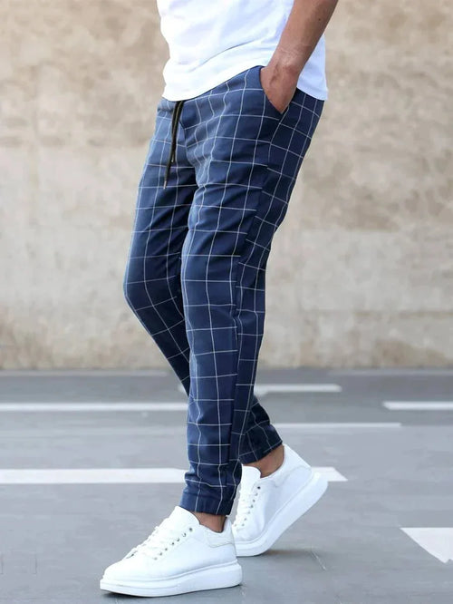 Men's Checkered Jogger Trousers with Drawstring Waist & Elastic Cuffs - Side Pose