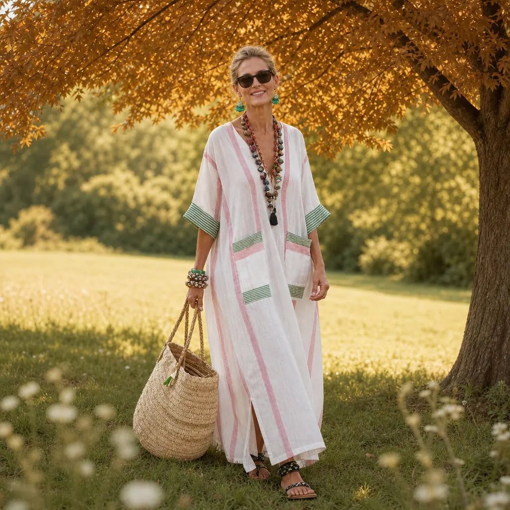 White Women's Striped Kaftan Maxi Dress — Lilah V-Neck Bohemian Beach - Front Full