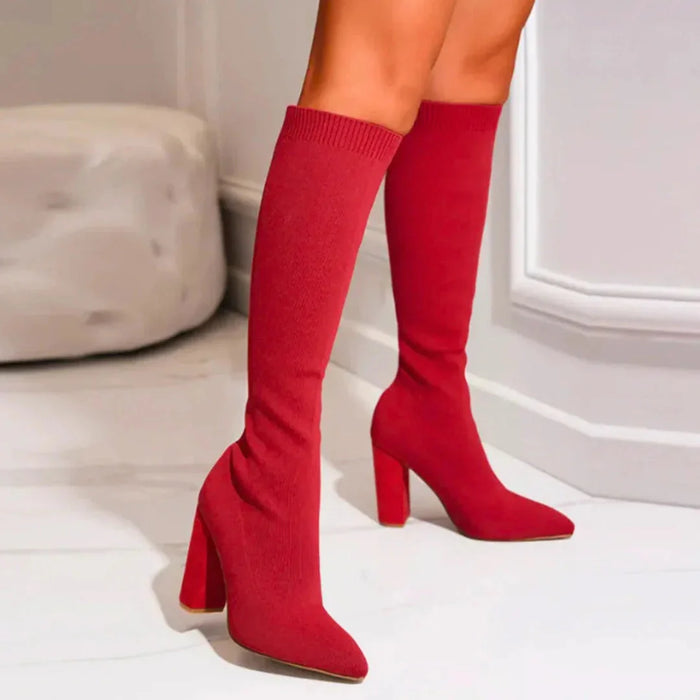 Red Women's Knee High Boots with Stretchy Knit Fabric & Block Heel - Side Pose Worn