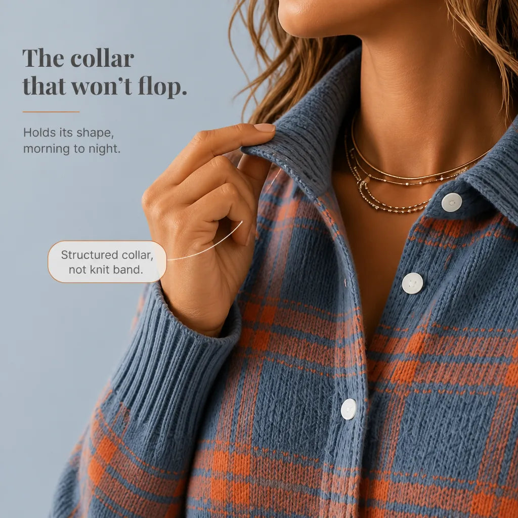 Women's Plaid Cardigan with Structured Collar & Ribbed Knit Trim - Orange Plaid Infographic Collar Structure