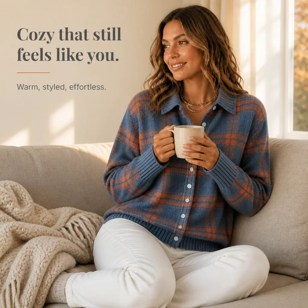 Women's Plaid Cardigan with Structured Collar & Ribbed Knit Trim - Orange Plaid Lifestyle Coffee Mug