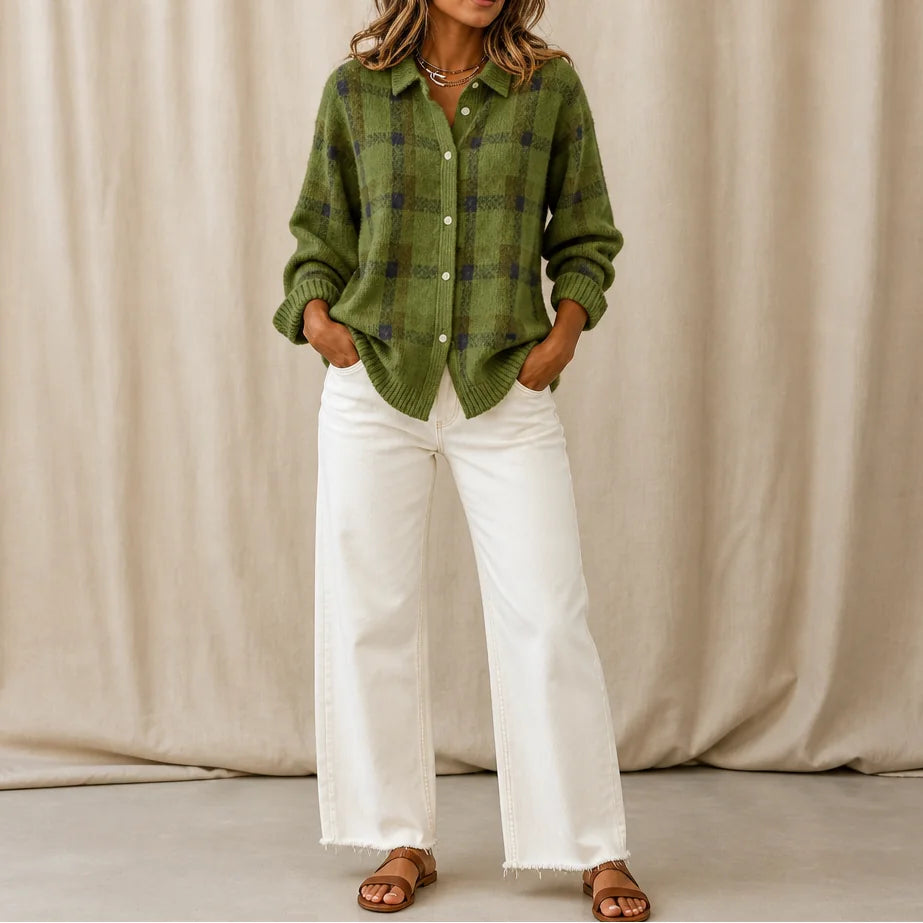 Olive Green Women's Plaid Cardigan with Structured Collar & Ribbed Knit Trim