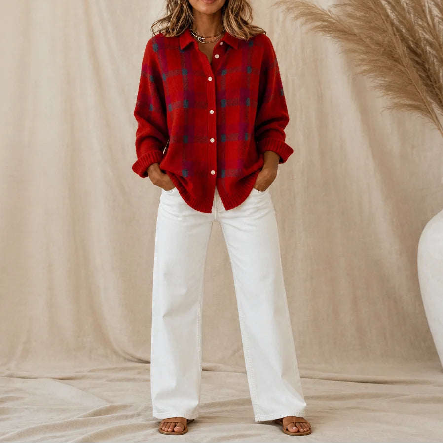 Red Women's Plaid Cardigan with Structured Collar & Ribbed Knit Trim