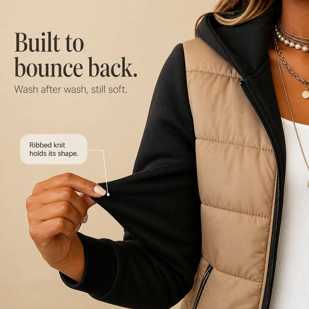 Women's Knit Sleeve Puffer Jacket with Cozy Ribbed Hood & Relaxed Fit - Cuff Detail