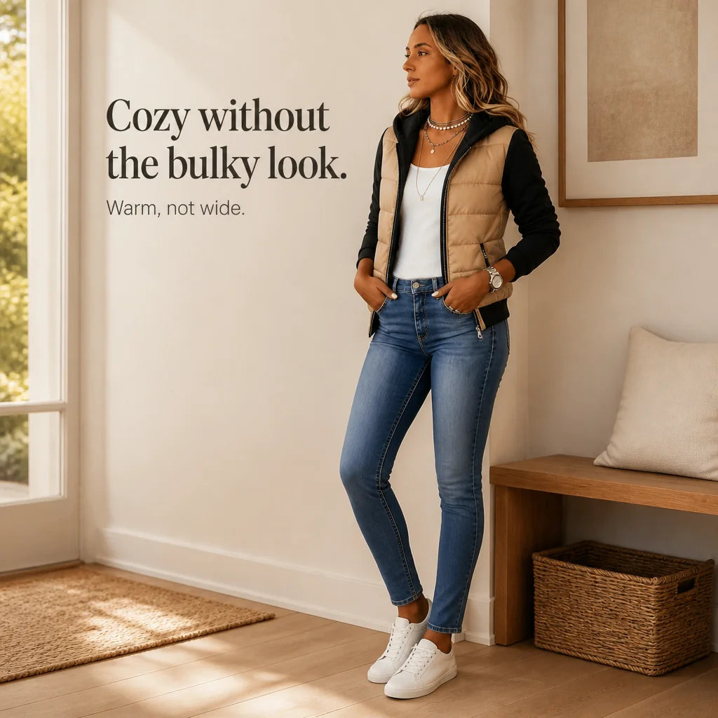 Women's Knit Sleeve Puffer Jacket with Cozy Ribbed Hood & Relaxed Fit - Indoor Full Body