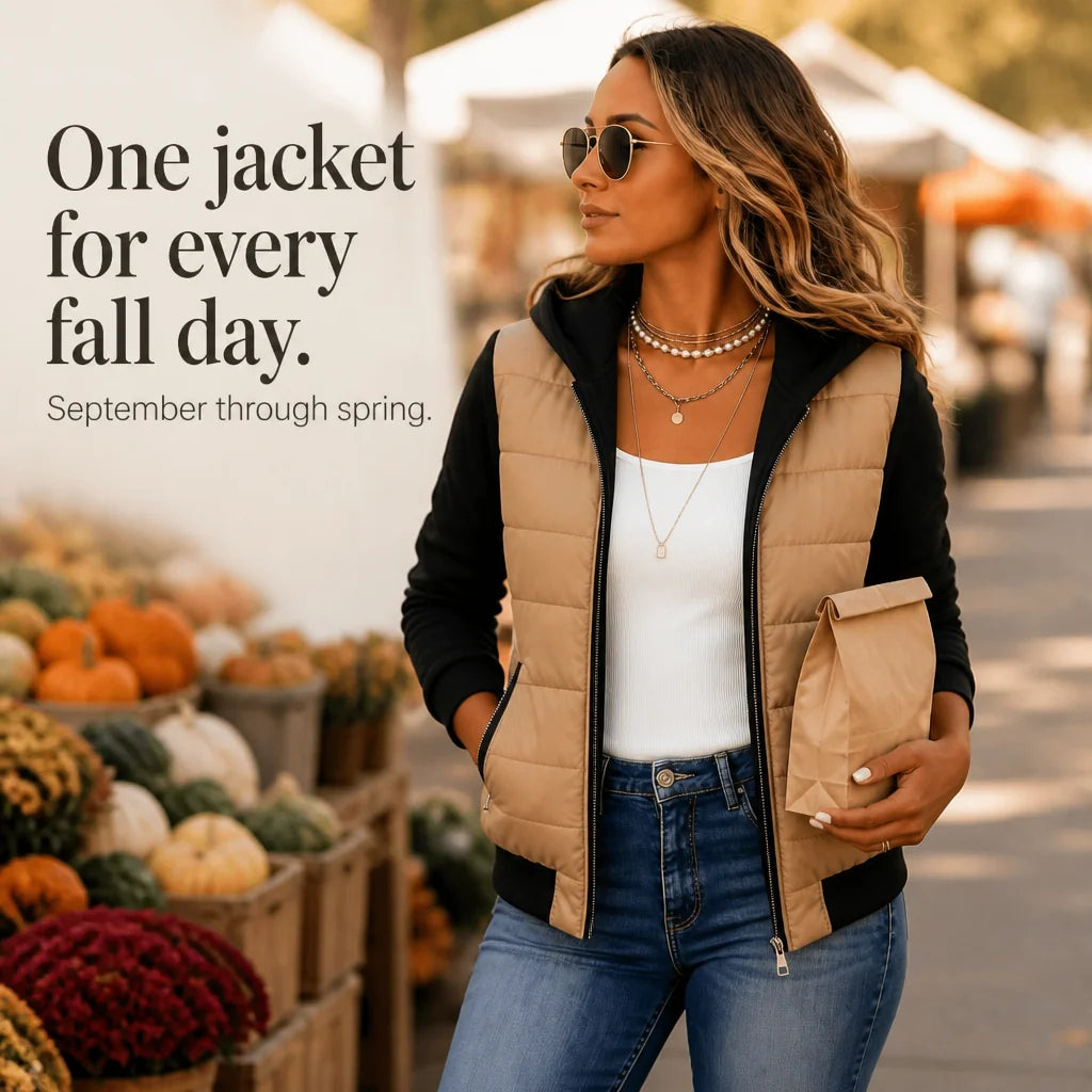Women's Knit Sleeve Puffer Jacket with Cozy Ribbed Hood & Relaxed Fit - Outdoor Market Pose