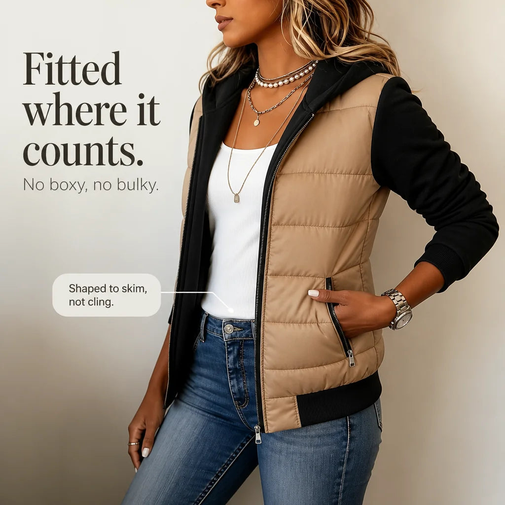 Women's Knit Sleeve Puffer Jacket with Cozy Ribbed Hood & Relaxed Fit - Side Pose Detail