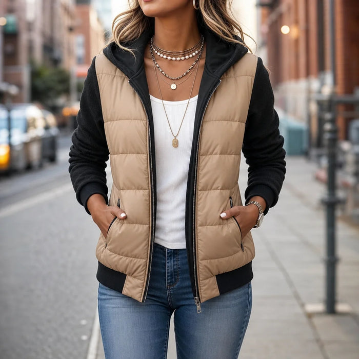 Women's Knit Sleeve Puffer Jacket with Cozy Ribbed Hood & Relaxed Fit