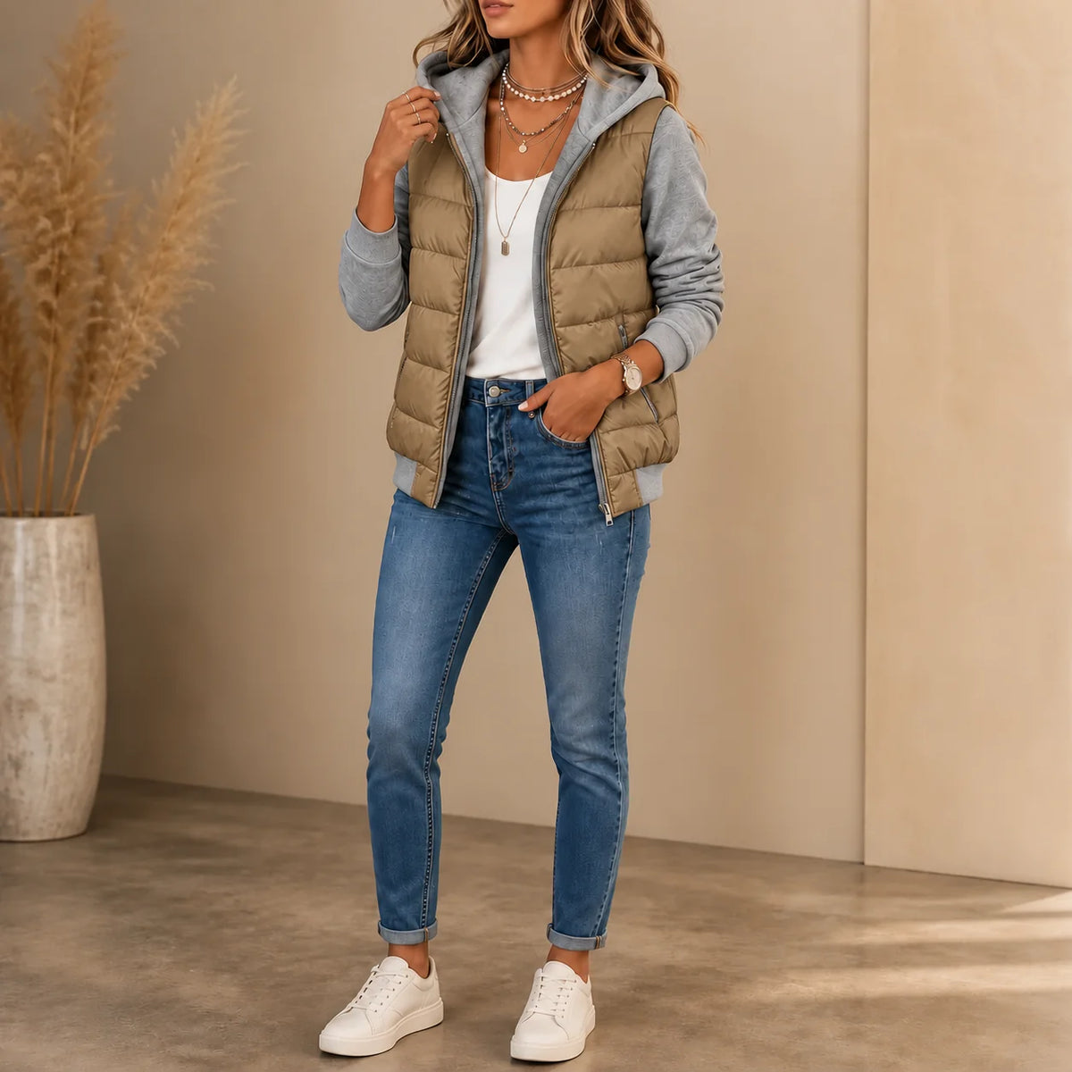 Grey Women's Knit Sleeve Puffer Jacket with Cozy Ribbed Hood & Relaxed Fit