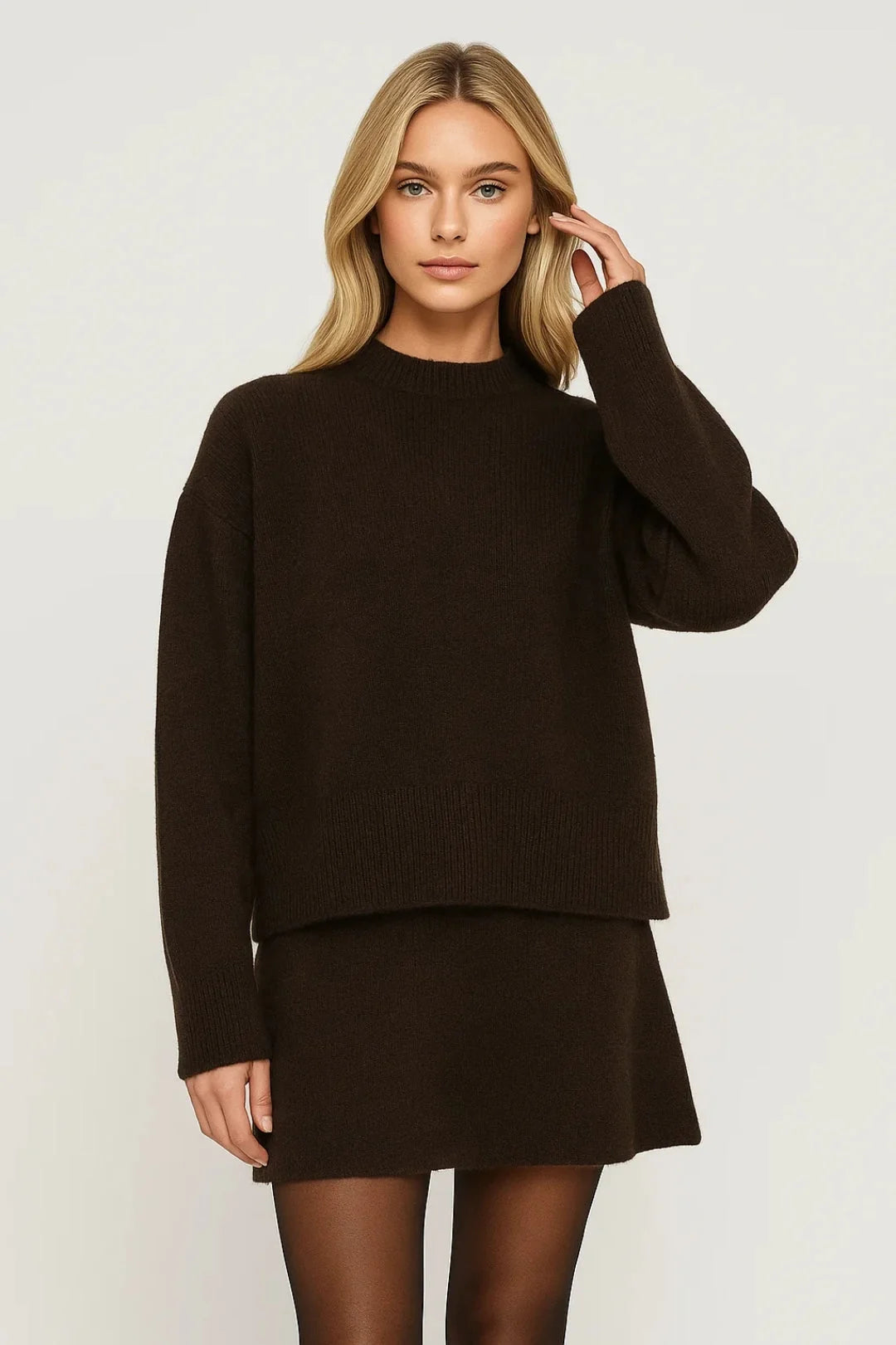 Dark Brown Women's Knitted Two-Piece Set with Sweater and Skirt for Day & Evening