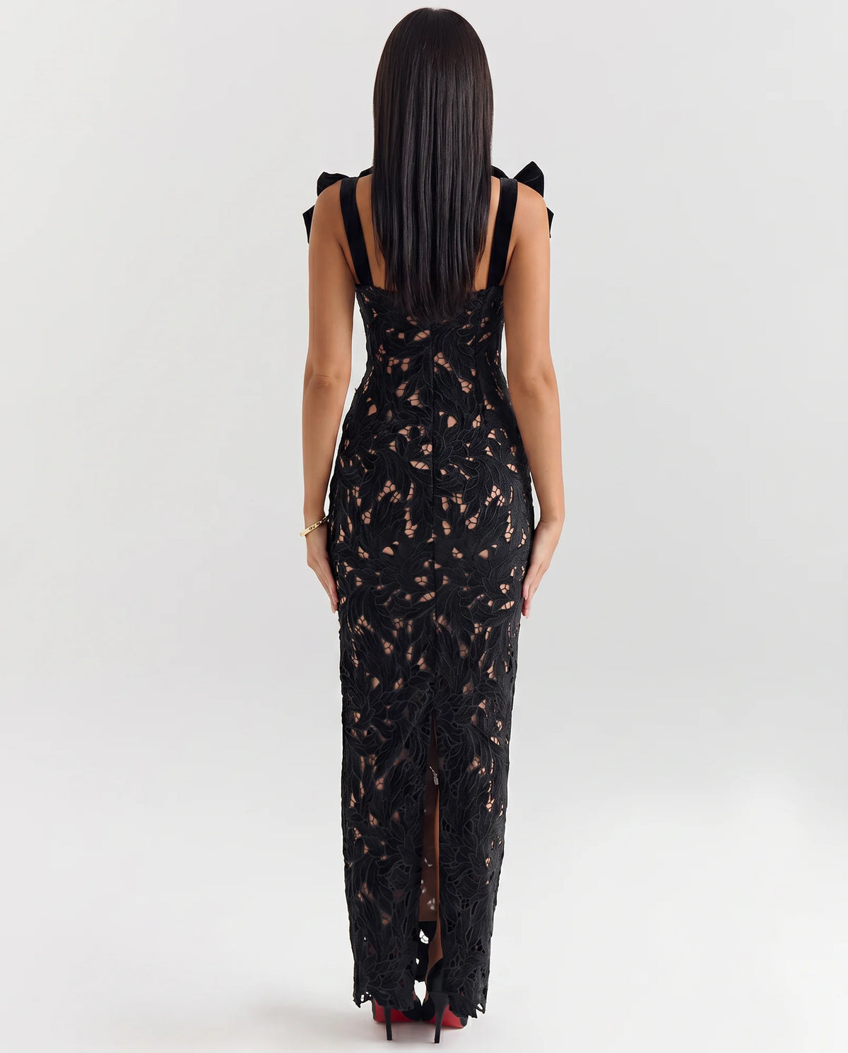 Women's Fitted Lace Maxi Dress with Bow Shoulder Straps - Back Full