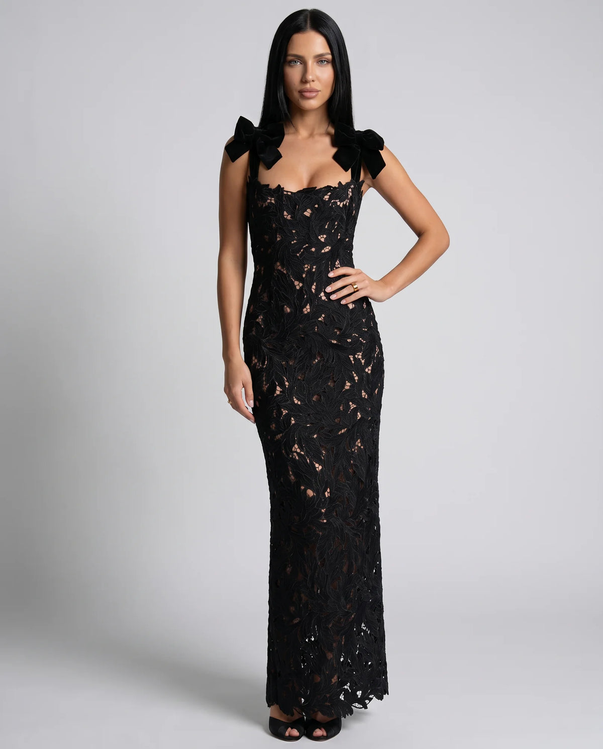Women's Fitted Lace Maxi Dress with Bow Shoulder Straps - Front Hand Hip