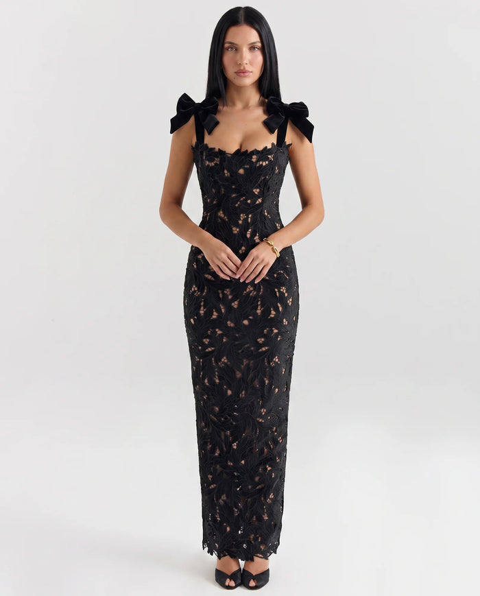 Black Women's Fitted Lace Maxi Dress with Bow Shoulder Straps