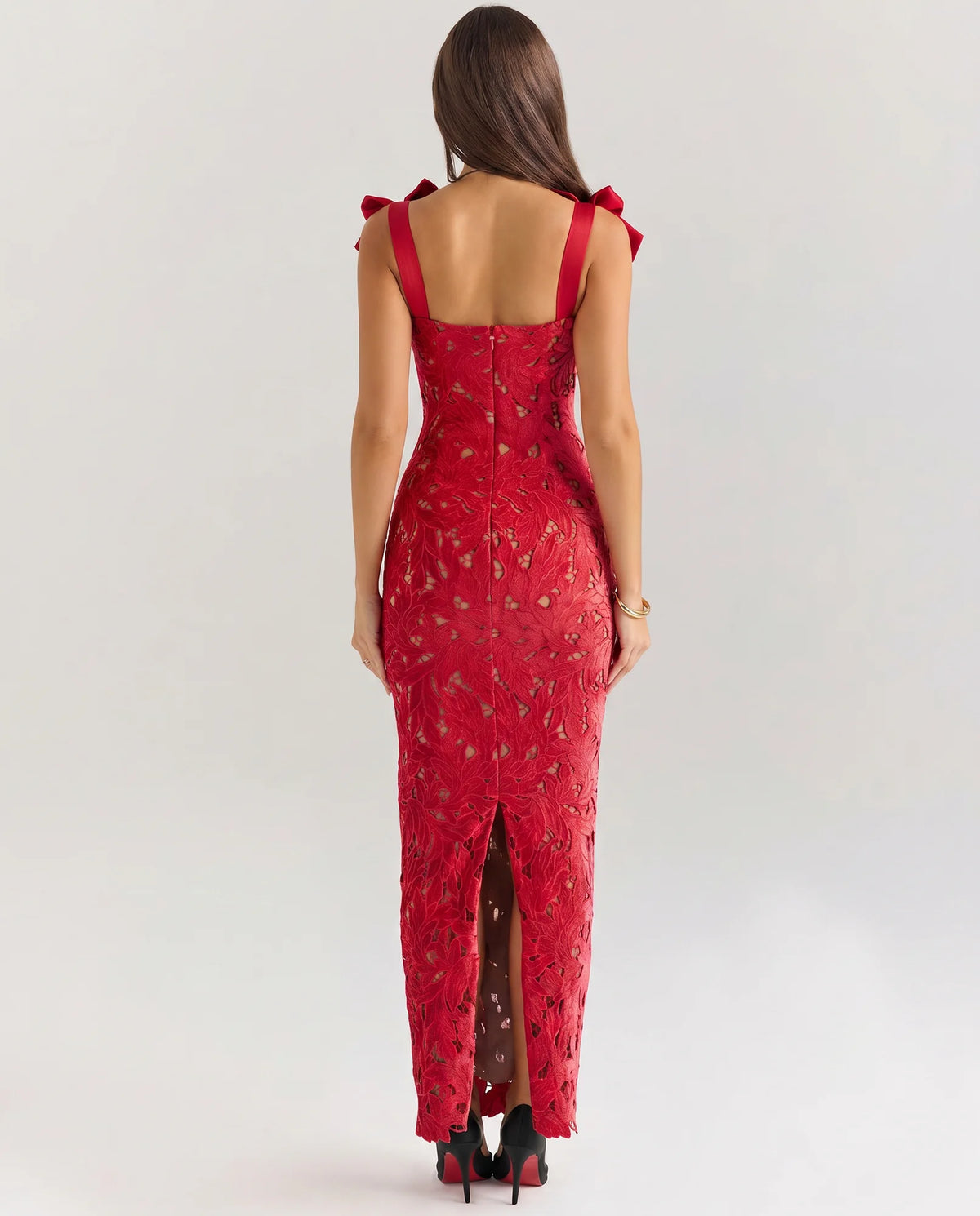 Women's Fitted Lace Maxi Dress with Bow Shoulder Straps - Back View