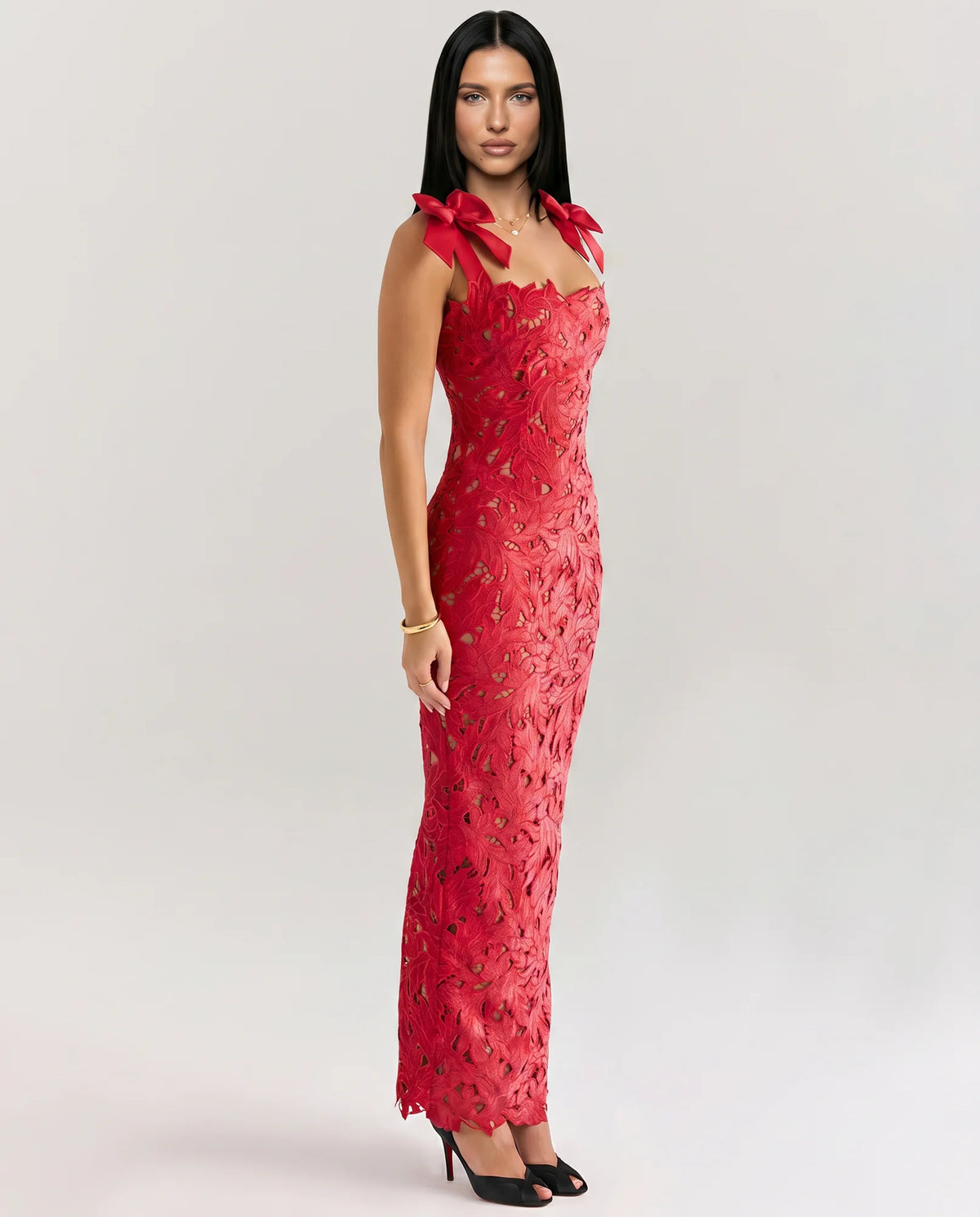 Women's Fitted Lace Maxi Dress with Bow Shoulder Straps - Front Angle