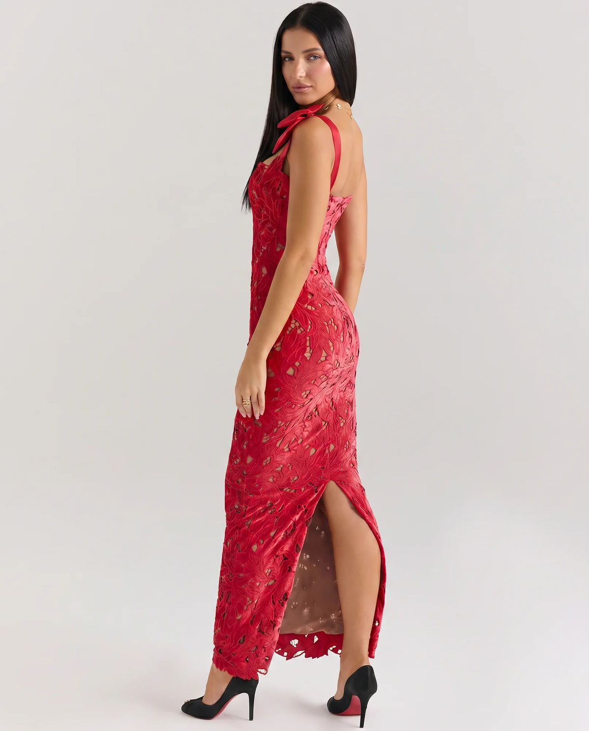 Women's Fitted Lace Maxi Dress with Bow Shoulder Straps - Side Walk