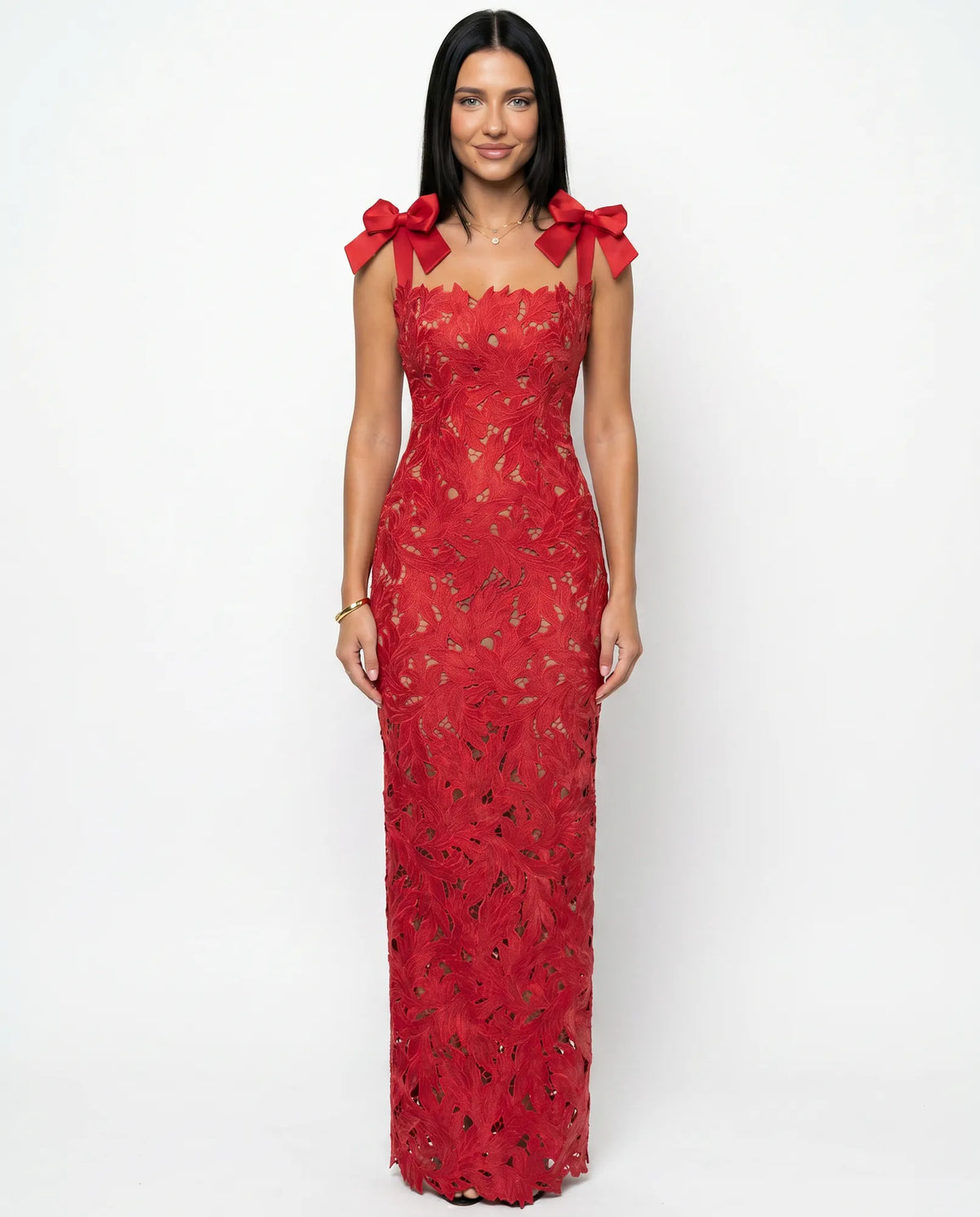 Red Women's Fitted Lace Maxi Dress with Bow Shoulder Straps