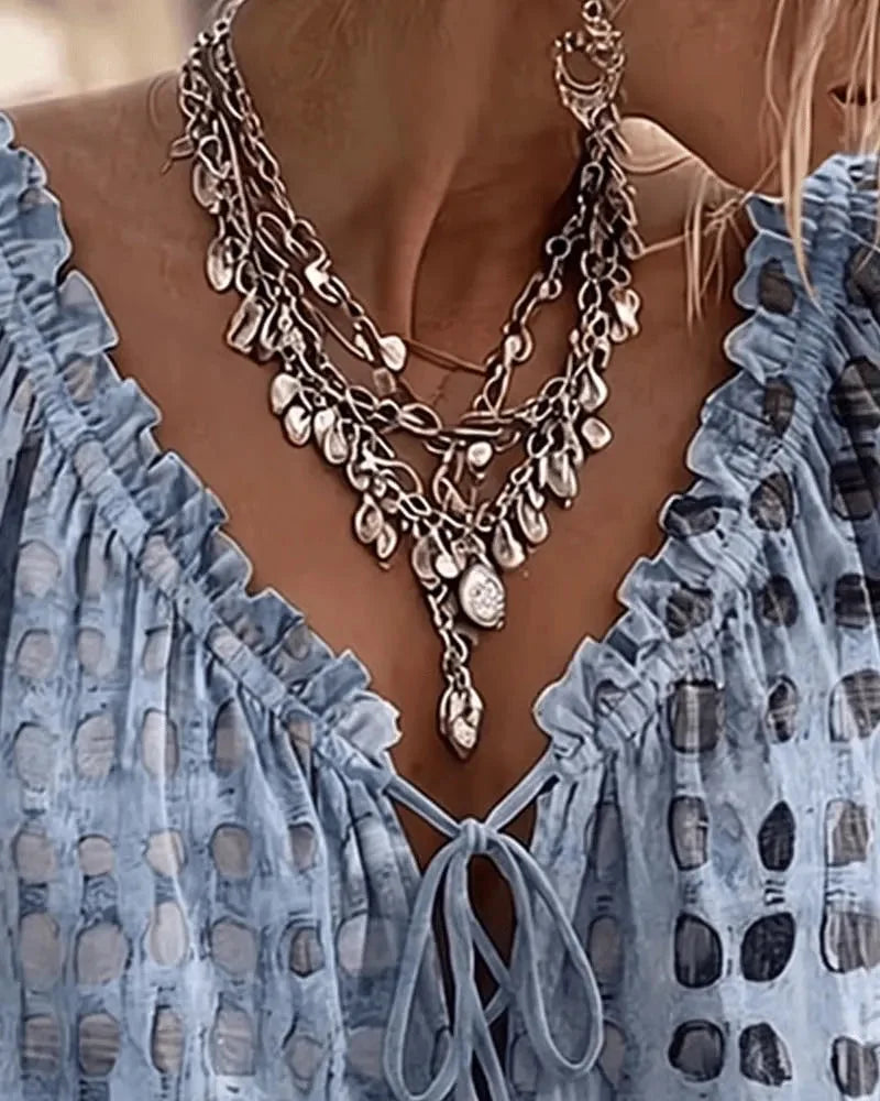 Women's Lace Up Blouse with Ruffled V-Neck & Puff Sleeves - Blue Close Up Necklace
