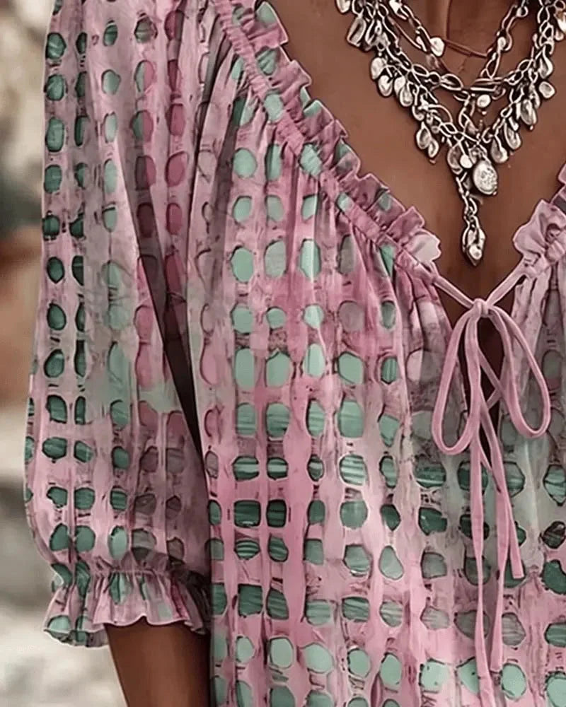 Women's Lace Up Blouse with Ruffled V-Neck & Puff Sleeves - Close Up Sleeve Detail
