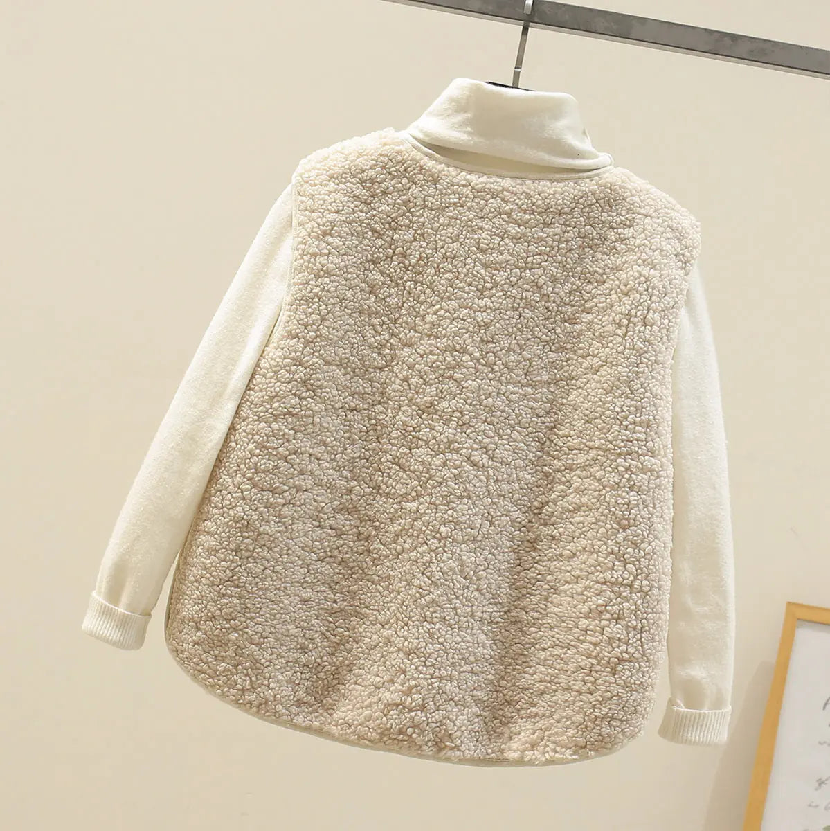 Beige Women's Lambswool Vest with Patch Pockets & Soft Texture - Back Full