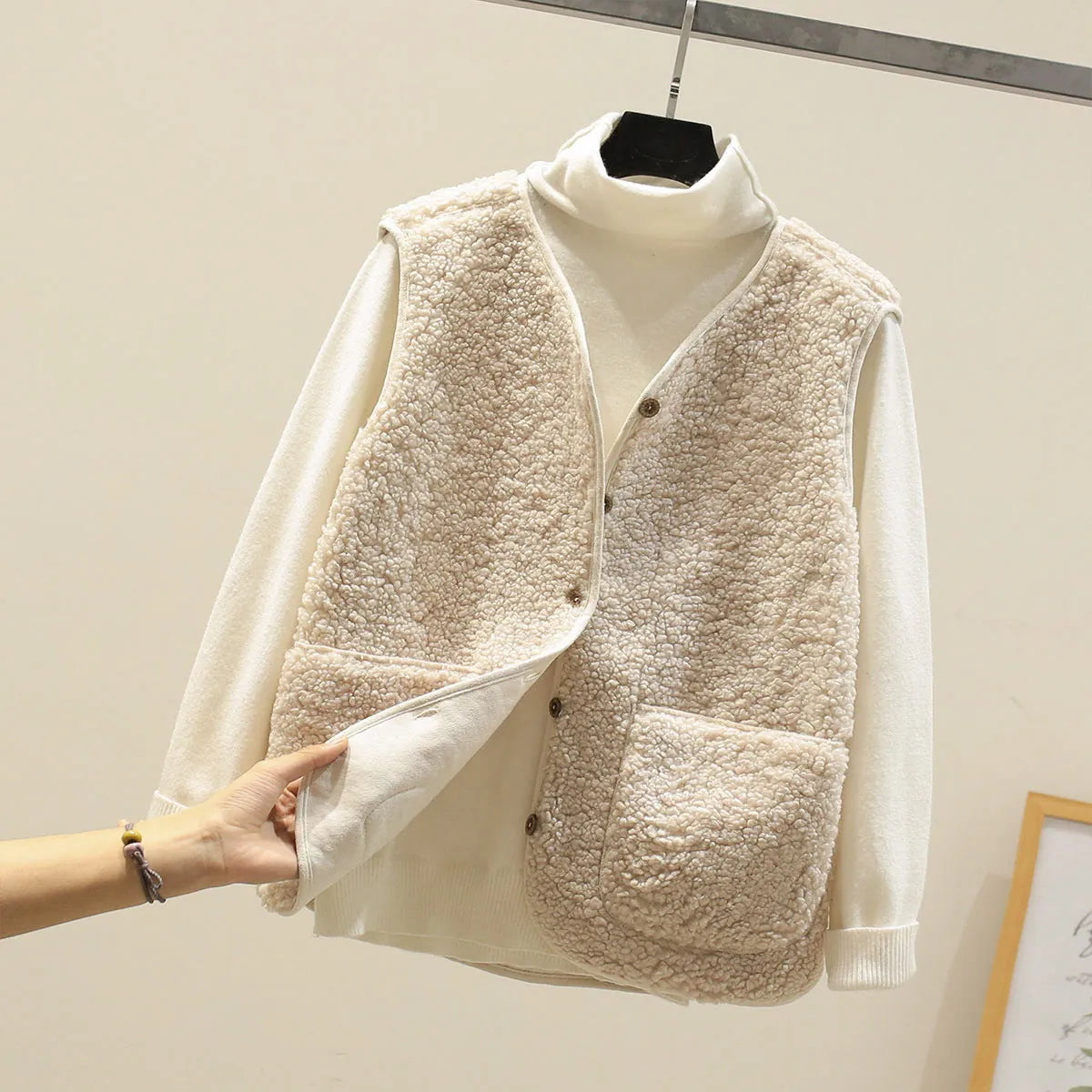 Beige Women's Lambswool Vest with Patch Pockets & Soft Texture