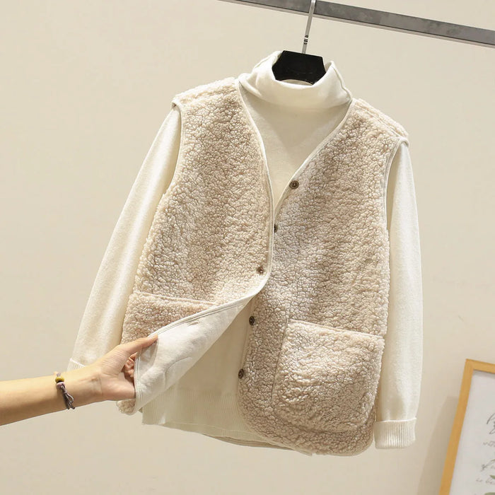 Beige Women's Lambswool Vest with Patch Pockets & Soft Texture