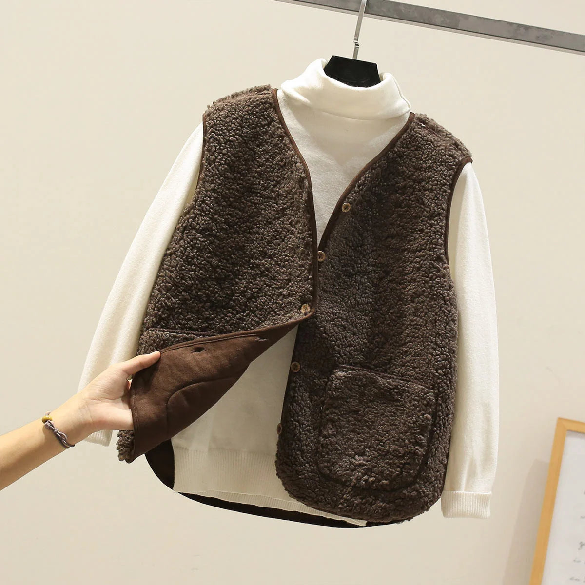 Brown Women's Lambswool Vest with Patch Pockets & Soft Texture