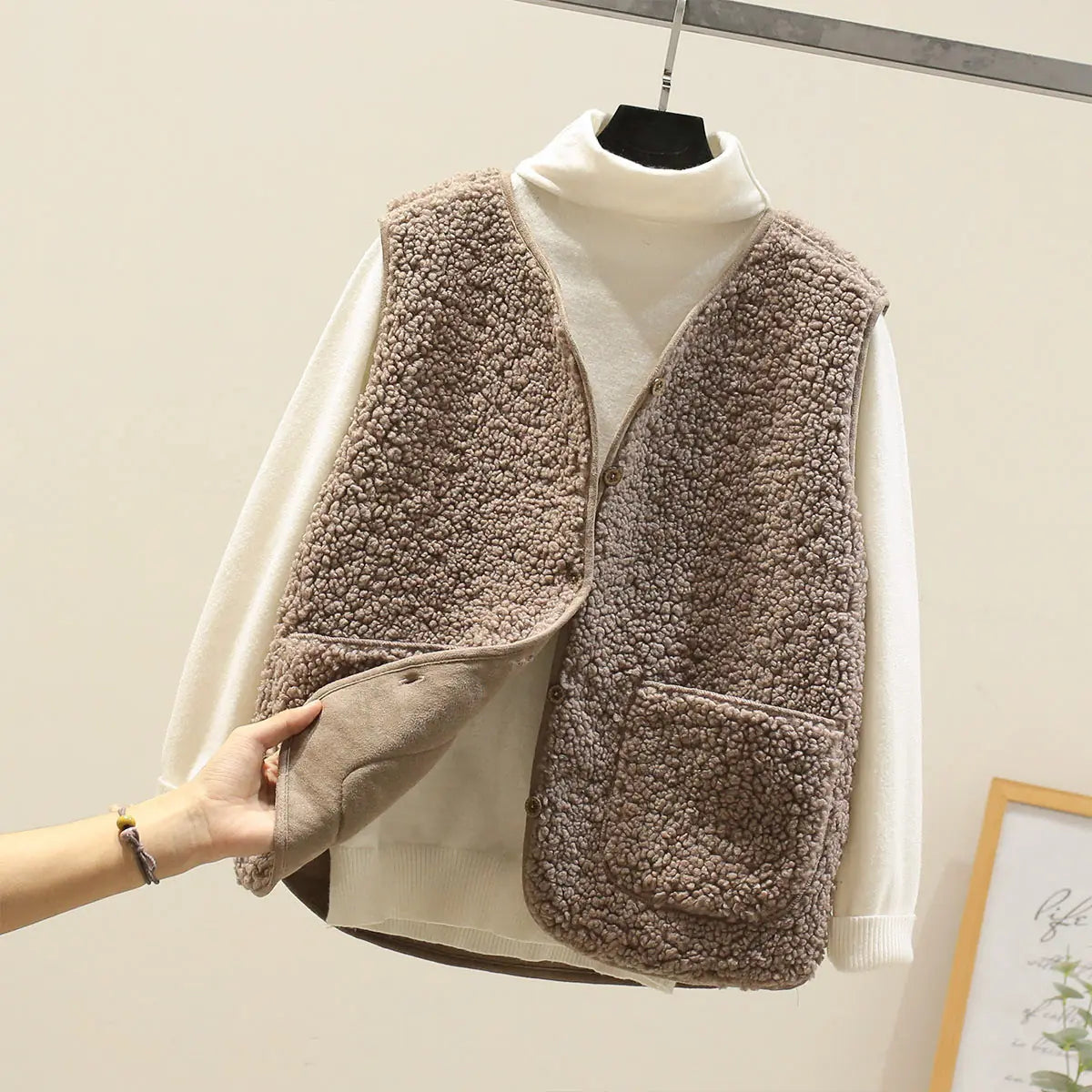 Khaki Women's Lambswool Vest with Patch Pockets & Soft Texture