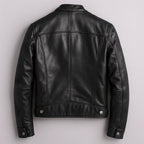 Men's Leather Biker Jacket with Zip Pockets & Snap Collar - Back Flat Lay