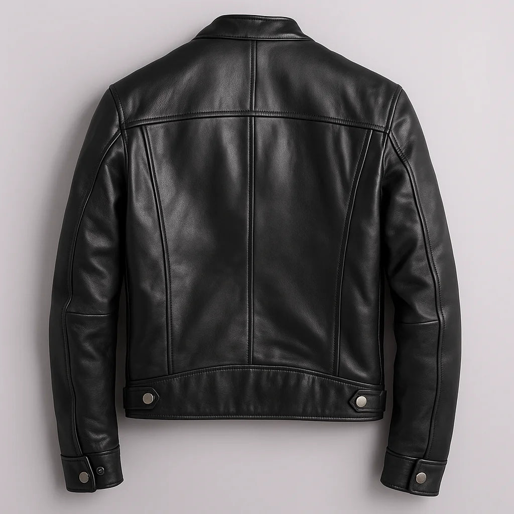 Men's Leather Biker Jacket with Zip Pockets & Snap Collar - Back Flat Lay