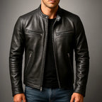 Black Men's Leather Biker Jacket with Zip Pockets & Snap Collar — Connor - Worn Front Open