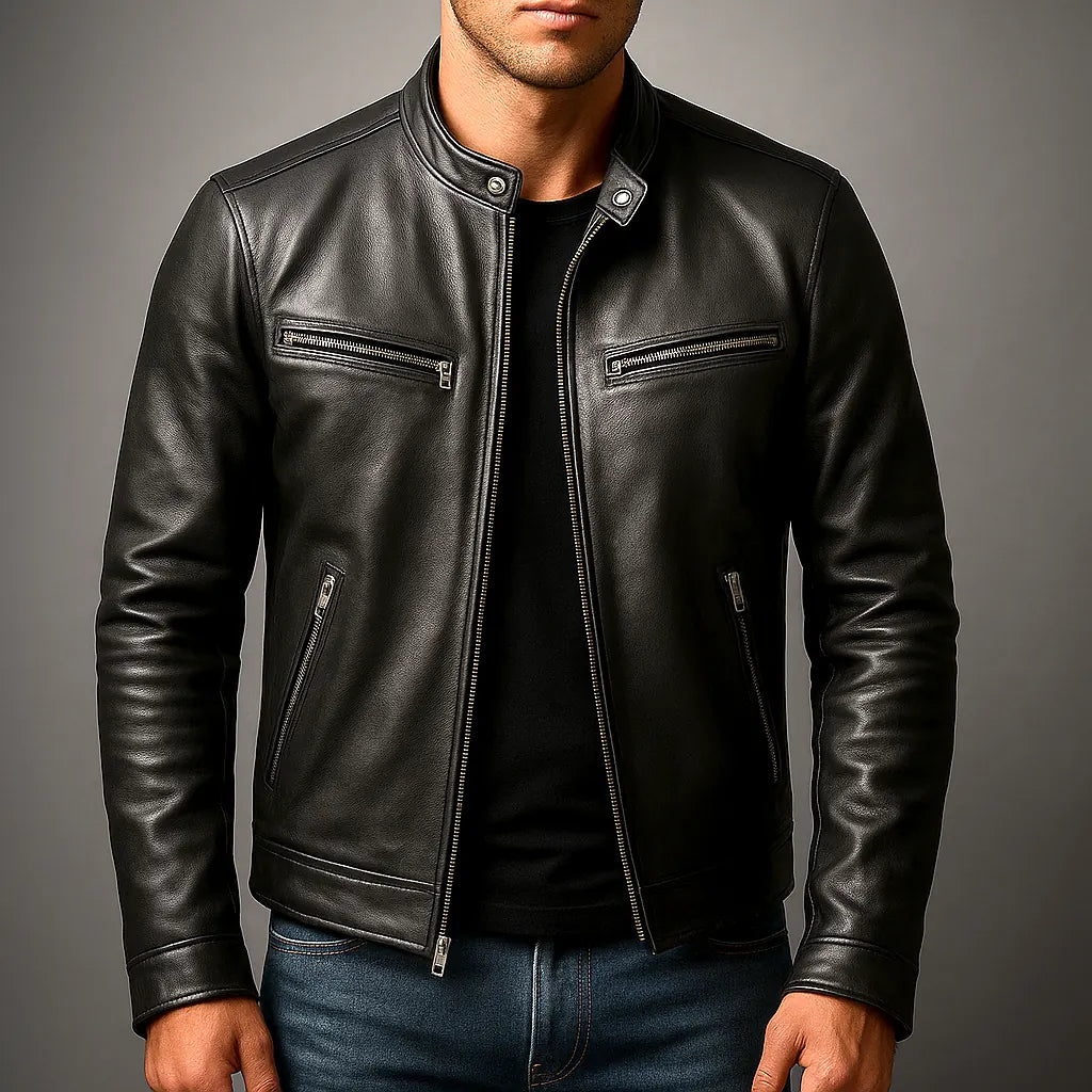 Black Men's Leather Biker Jacket with Zip Pockets & Snap Collar — Connor - Worn Front Open