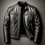 Men's Leather Biker Jacket with Zip Pockets & Snap Collar