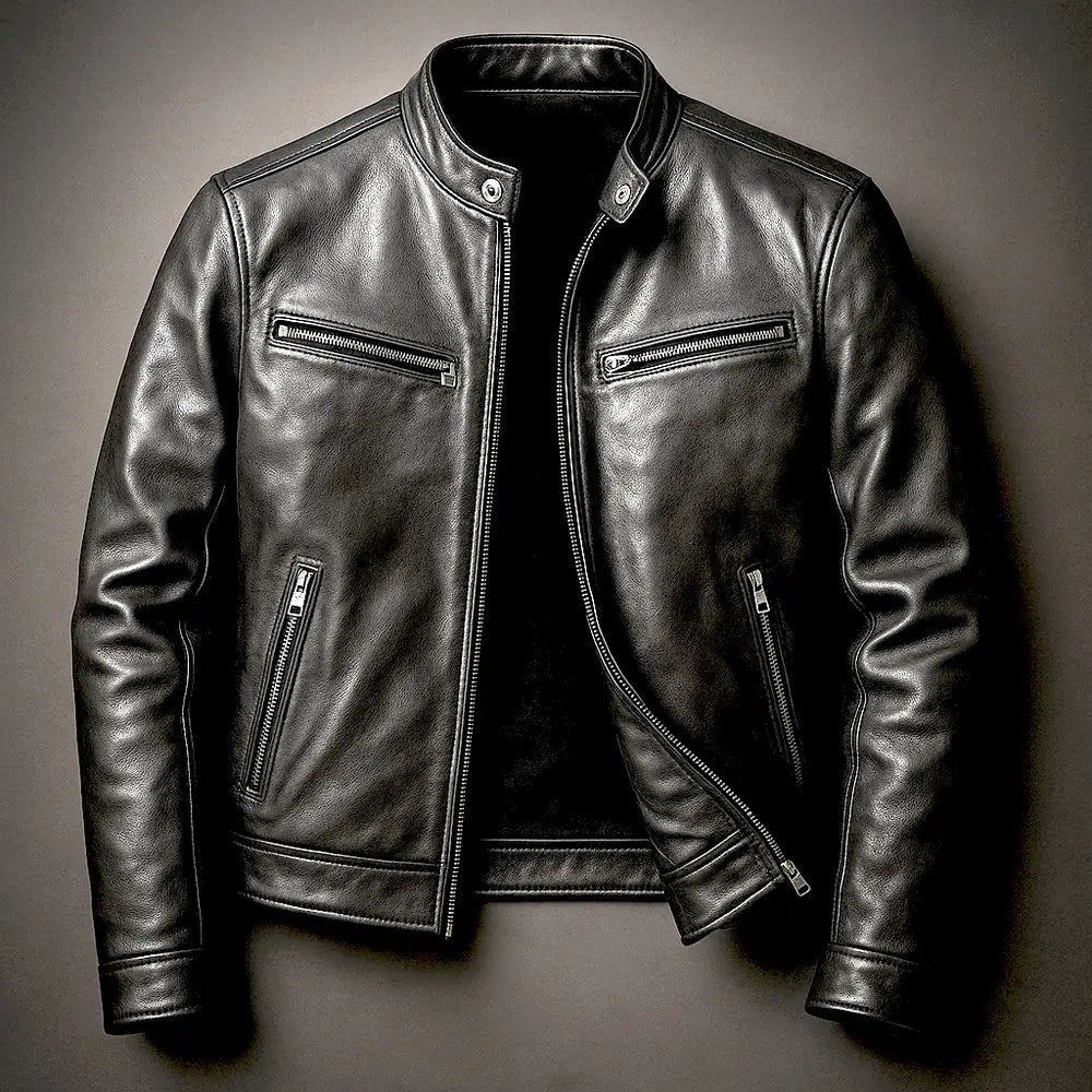 Men's Leather Biker Jacket with Zip Pockets & Snap Collar
