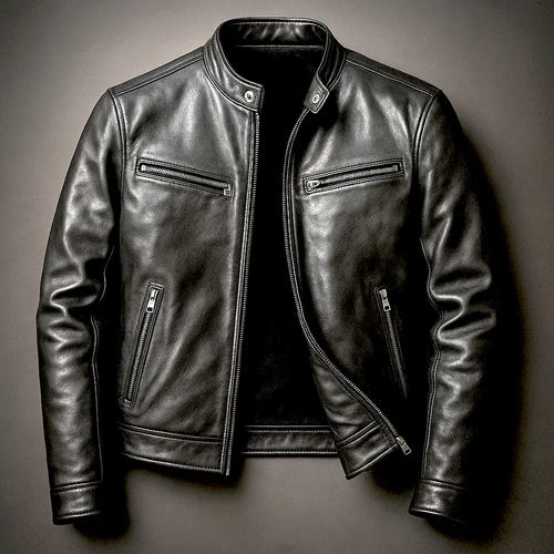 Men's Leather Biker Jacket with Zip Pockets & Snap Collar