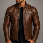 Brown Men's Leather Biker Jacket with Zip Pockets & Snap Collar — Connor - Worn Front Closeup