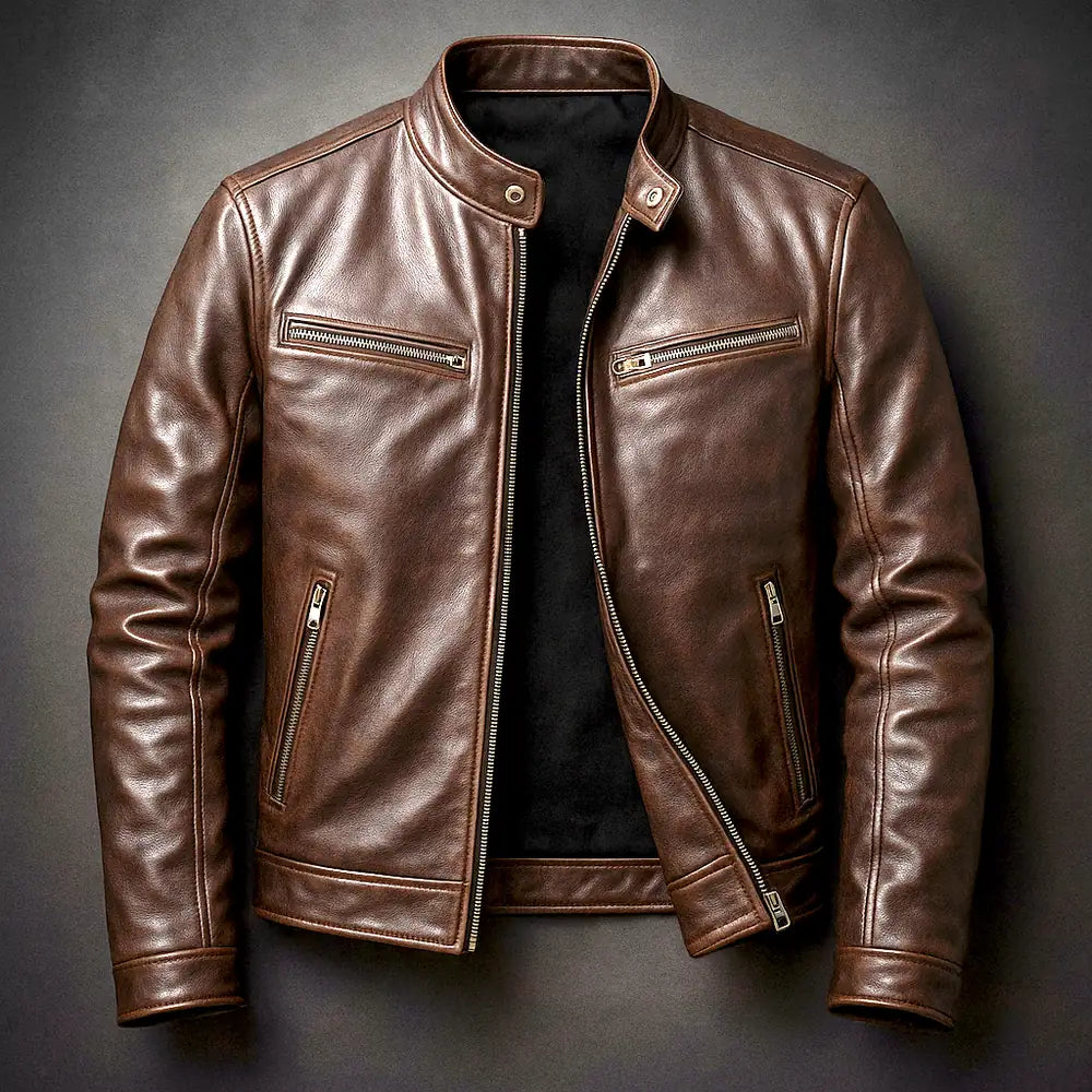 Brown Men's Leather Biker Jacket with Zip Pockets & Snap Collar
