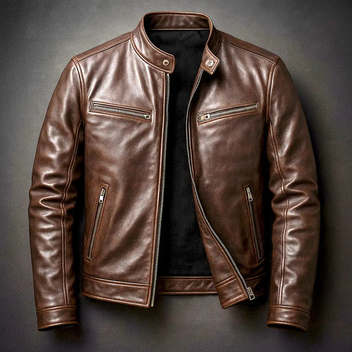 Brown Men's Leather Biker Jacket with Zip Pockets & Snap Collar