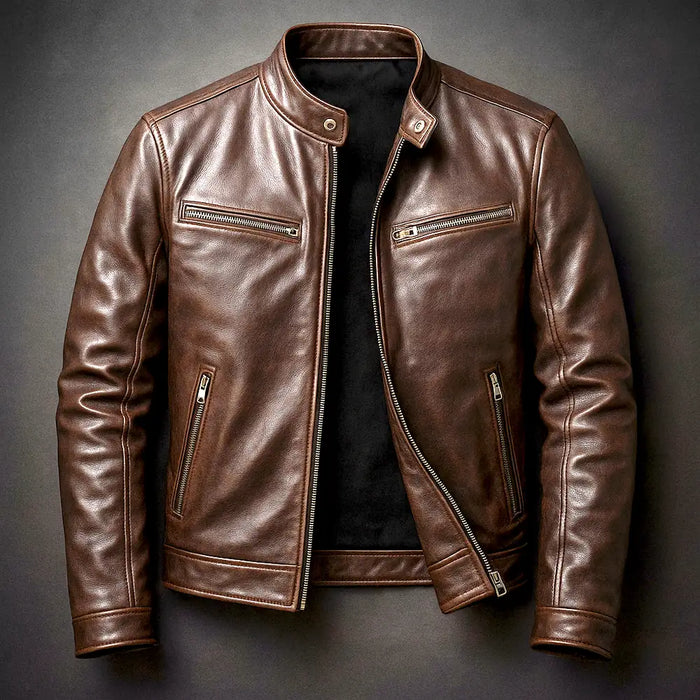 Brown Men's Leather Biker Jacket with Zip Pockets & Snap Collar